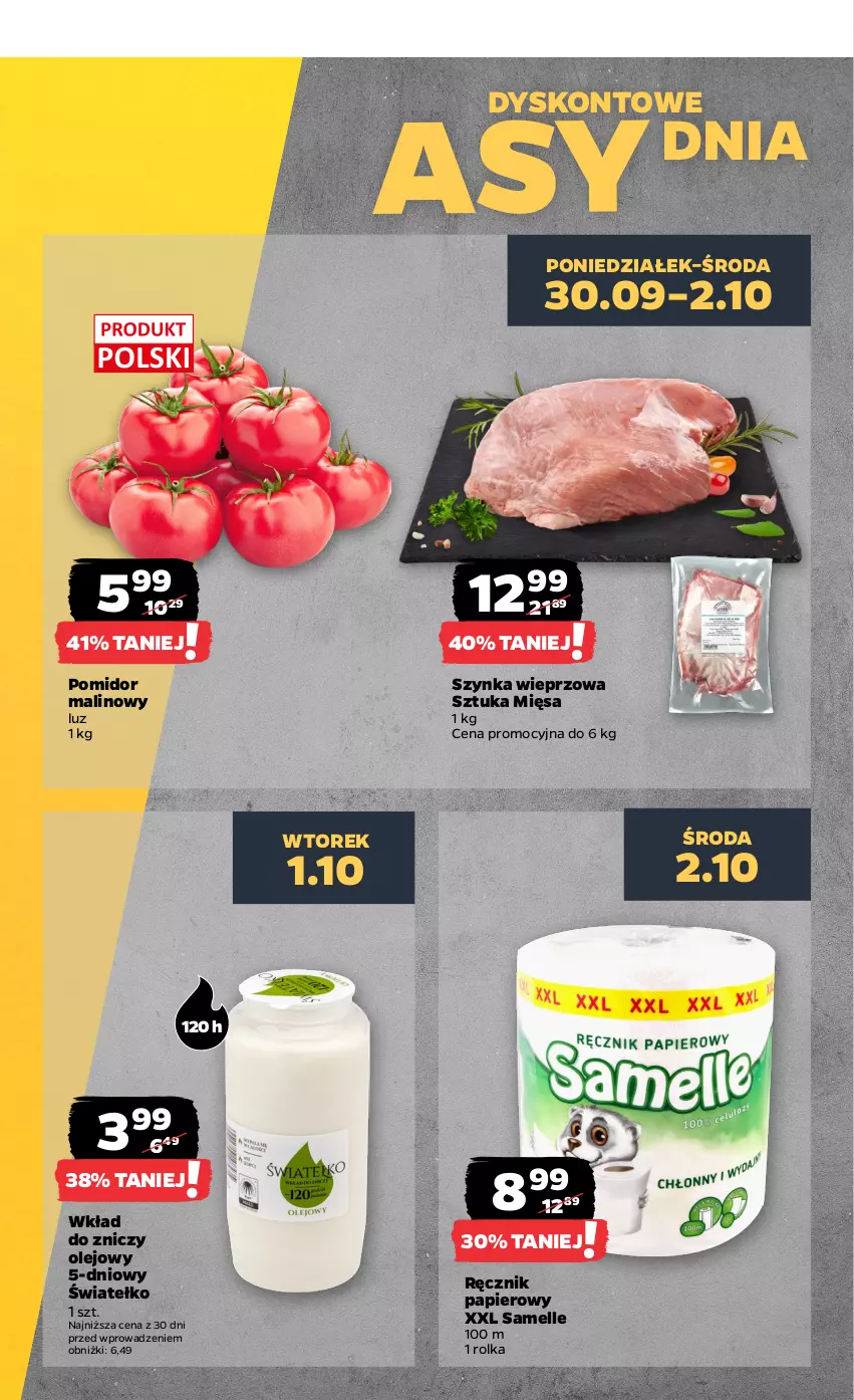 Gazetka promocyjna Netto - Artykuły spożywcze - ważna 30.09 do 05.10.2024 - strona 6 - produkty: Olej, Papier, Pomidor malinowy, Ręcznik, Szynka, Szynka wieprzowa, Znicz