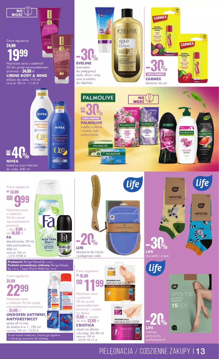 Gazetka promocyjna Super Pharm - Gazetka - ważna 19.08 do 29.08.2024 - strona 13 - produkty: BIC, Body, Dezodorant, Eveline, Fa, Karp, Kosmetyki do pielęgnacji, Lirene, Maska, Maska do stóp, Nivea, Palmolive, Pończochy, Rajstopy, Skarpetki, Top, Undofen