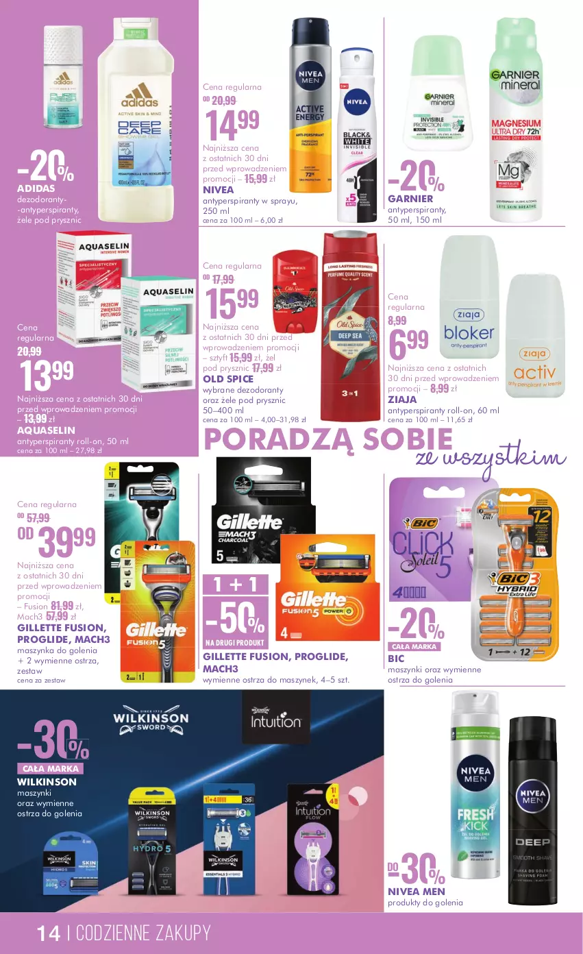 Gazetka promocyjna Super Pharm - Gazetka - ważna 19.08 do 29.08.2024 - strona 14 - produkty: Adidas, Antyperspirant, Aquaselin, BIC, Dezodorant, Fusion, Garnier, Gillette, Mach3, Maszynka, Maszynka do golenia, Nivea, Nivea Men, Old Spice, Por, Szynka, Ziaja