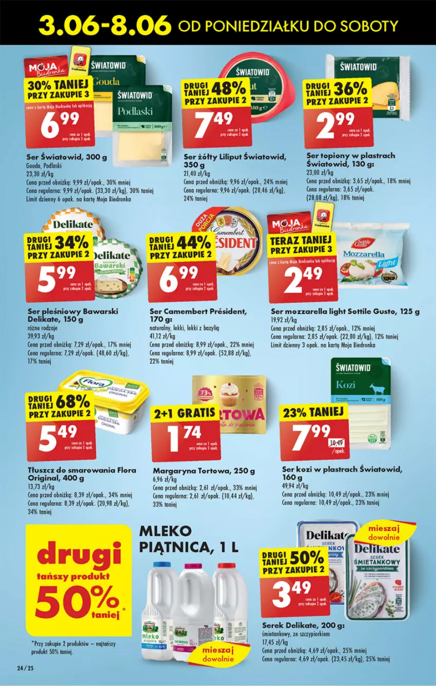 Gazetka promocyjna Biedronka - Od poniedzialku - ważna 03.06 do 08.06.2024 - strona 28 - produkty: Bazyl, Camembert, Dron, Flora, Gin, Gouda, Gra, Margaryna, Mleko, Mozzarella, Piątnica, Podlaski, Ser, Ser kozi, Ser topiony, Serek, Top