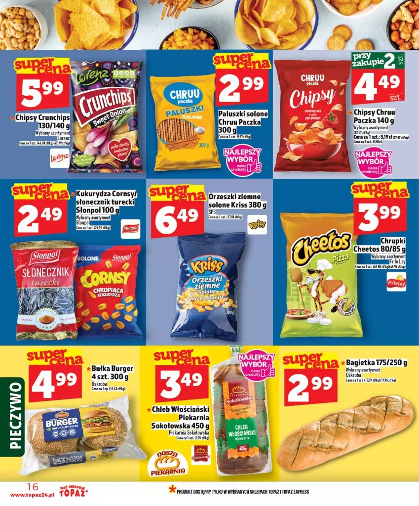 Gazetka promocyjna Topaz - Gazetka - ważna 29.01 do 04.02.2026 - strona 16 - produkty: Bagietka, Bułka, Burger, Chipsy, Chleb, Orzeszki, Orzeszki ziemne, Sok, Top