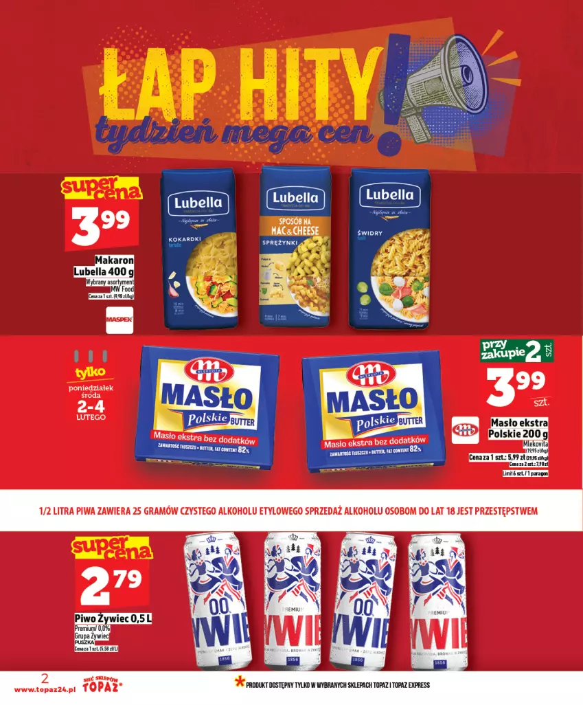 Gazetka promocyjna Topaz - Gazetka - ważna 29.01 do 04.02.2026 - strona 2 - produkty: Bell, Bella, Lubella, Makaron, Masło, Mleko, Mlekovita, Piwo, Top