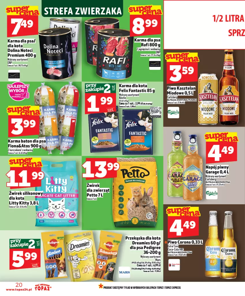 Gazetka promocyjna Topaz - Gazetka - ważna 29.01 do 04.02.2026 - strona 20 - produkty: Baton, Baton dla psa, Carlsberg, Fa, Fanta, Felix, Kasztelan, Kurczak, LG, Mars, Napój, Pedigree, Piwo, Top