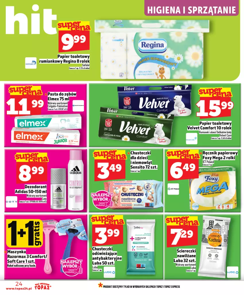 Gazetka promocyjna Topaz - Gazetka - ważna 29.01 do 04.02.2026 - strona 24 - produkty: Adidas, Chusteczki, Dzieci, Foxy, Gin, Papier, Papier toaletowy, Ręcznik, Rolki, Rum, Sito, Sprzątanie, Top, Velvet