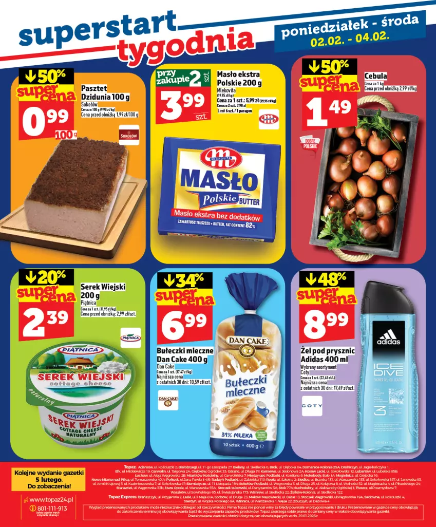 Gazetka promocyjna Topaz - Gazetka - ważna 29.01 do 04.02.2026 - strona 28 - produkty: Adidas, Cebula, Dan Cake, Masło, Mleko, Mlekovita, Olej, Piątnica, Ser, Serek, Serek wiejski, Sok, Sokołów