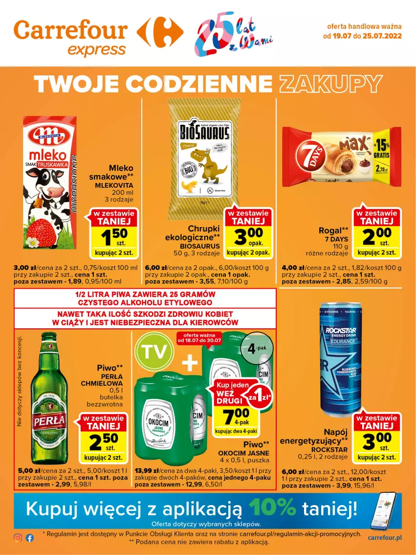 Gazetka promocyjna Carrefour - Gazetka Express - ważna 19.07 do 25.07.2022 - strona 1 - produkty: Chrupki, Gra, Koc, Kosz, Mleko, Mleko smakowe, Mlekovita, Okocim, Perła, Piwo