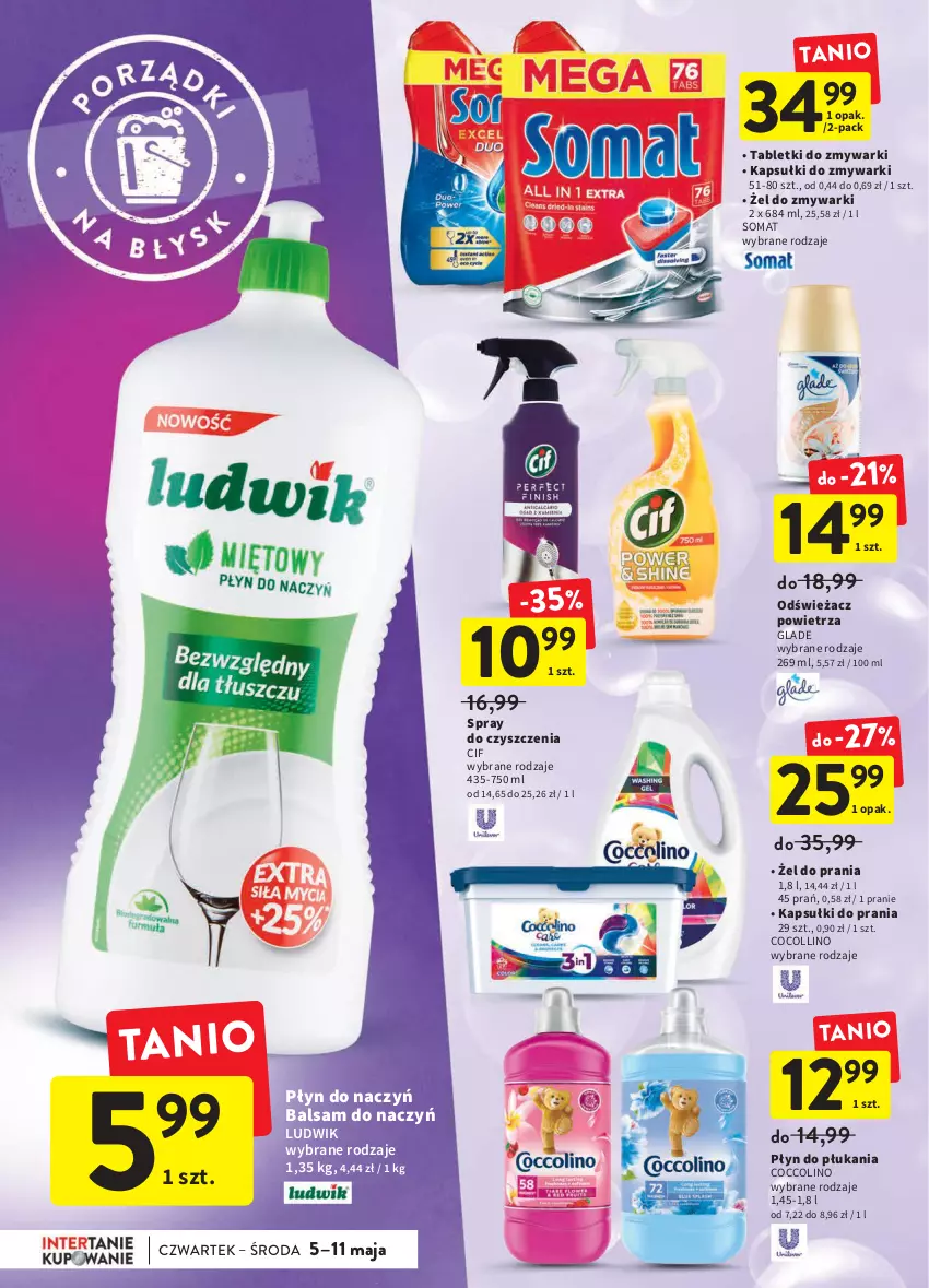 Gazetka promocyjna Intermarche - ważna 05.05 do 11.06.2022 - strona 32 - produkty: Cif, Coccolino, Kapsułki do prania, Ludwik, Odświeżacz powietrza, Płyn do płukania, Somat, Spray do czyszczenia, Tablet, Tabletki do zmywarki, Zmywarki