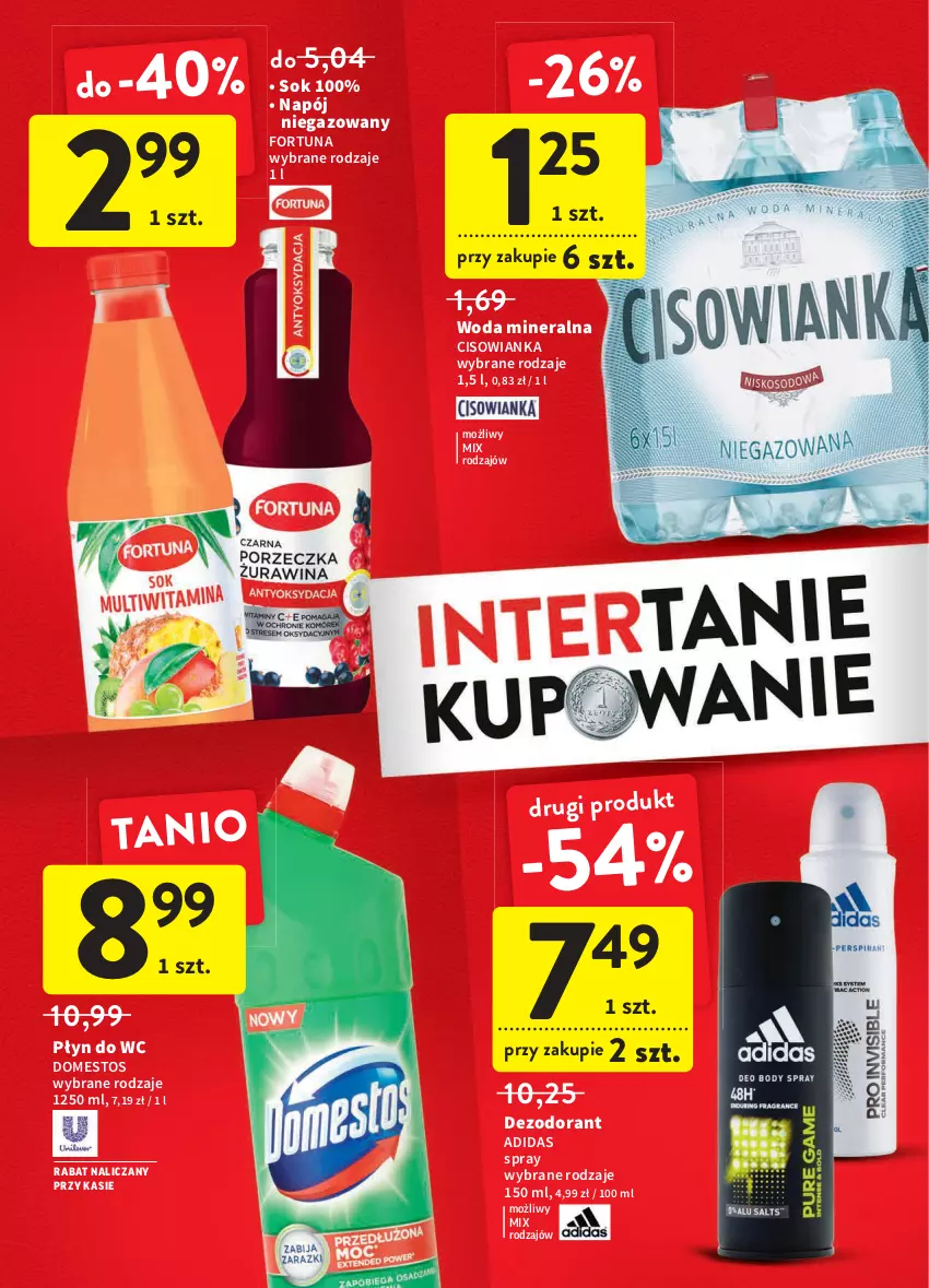 Gazetka promocyjna Intermarche - ważna 05.05 do 11.06.2022 - strona 8 - produkty: Adidas, Cisowianka, Dezodorant, Domestos, Fortuna, Napój, Napój niegazowany, Płyn do wc, Sok, Woda, Woda mineralna