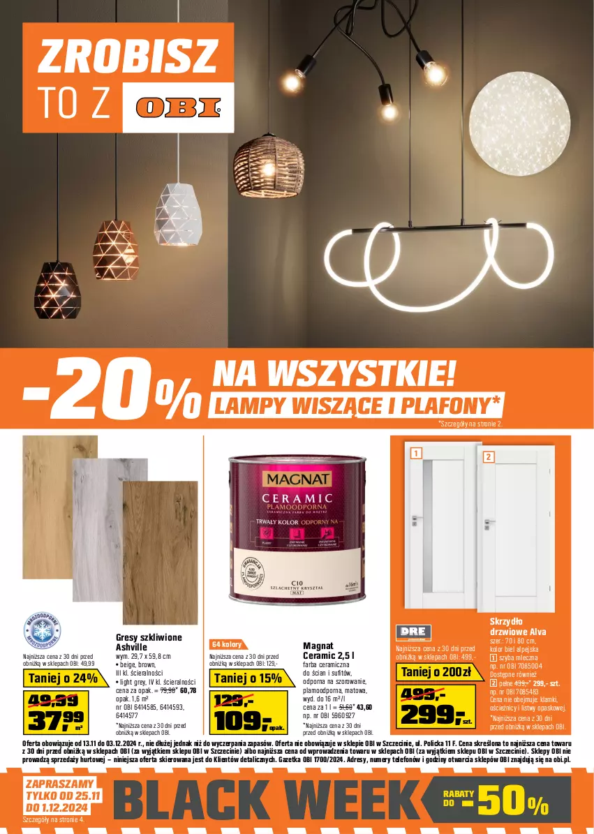 Gazetka promocyjna Obi - Gazetka OBI - ważna 13.11 do 03.12.2024 - strona 1 - produkty: Dres, Drzwi, Fa, Farba ceramiczna, Gres, Lack, Magnat Ceramic, Plafon, Por, Skrzydło drzwiowe, Telefon