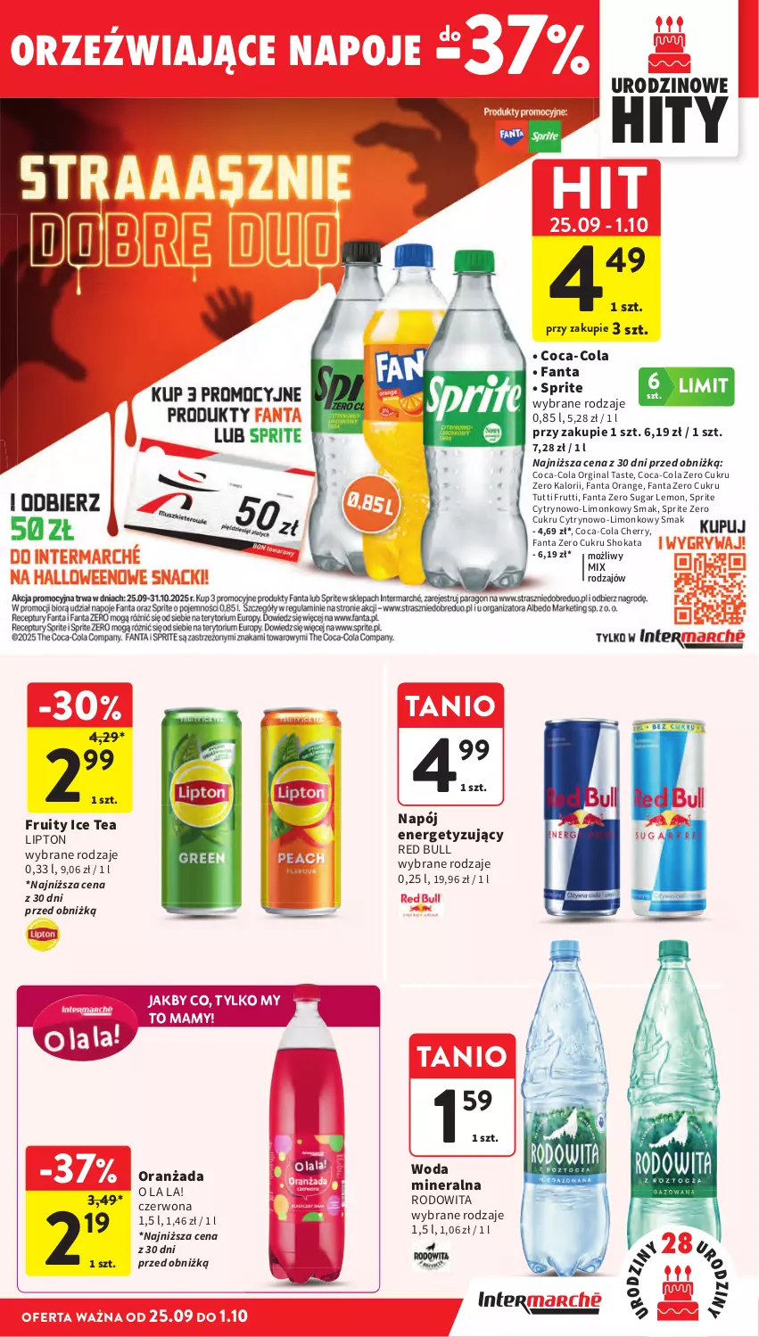 Gazetka promocyjna Intermarche - Gazetka Intermarche - ważna 25.09 do 01.10.2025 - strona 37 - produkty: Coca-Cola, Fa, Fanta, Gin, Ice tea, Lipton, Napój, Red Bull, Sprite, Woda, Woda mineralna