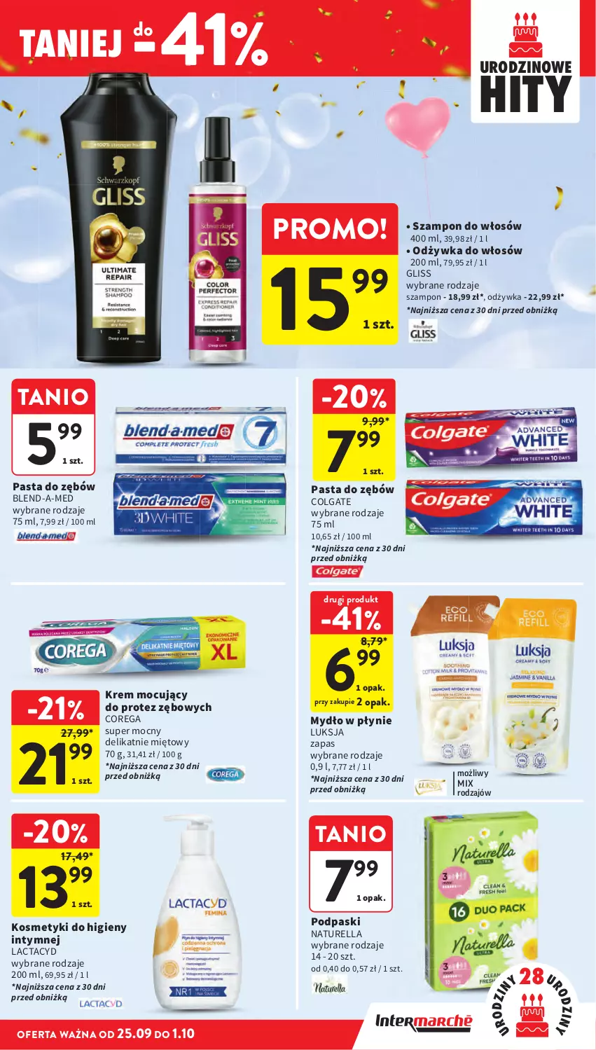 Gazetka promocyjna Intermarche - Gazetka Intermarche - ważna 25.09 do 01.10.2025 - strona 39 - produkty: Blend-a-Med, Colgate, Corega, Lactacyd, LG, Luksja, Naturell, Naturella, Odżywka, Podpaski, Szampon