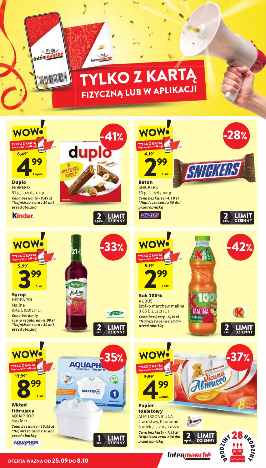 Gazetka promocyjna Intermarche - Gazetka Intermarche - ważna 25.09 do 01.10.2025 - strona 9 - produkty: Aquaphor, Baton, Ferrero, Herbapol, Kubuś, Mus, Papier, Snickers, Sok, Syrop