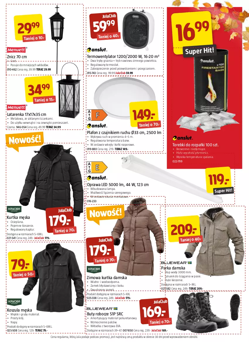 Gazetka promocyjna Jula - Gazetka - ważna 27.10 do 09.11.2023 - strona 5 - produkty: Buty, Buty robocze, Kosz, Koszula, Kurtka, Lampa, LANA, Latarenka, Parka, Piec, Plafon, Por, Sok, Sznurek, Tera, Termos, Termowentylator, Wkręt, Znicz