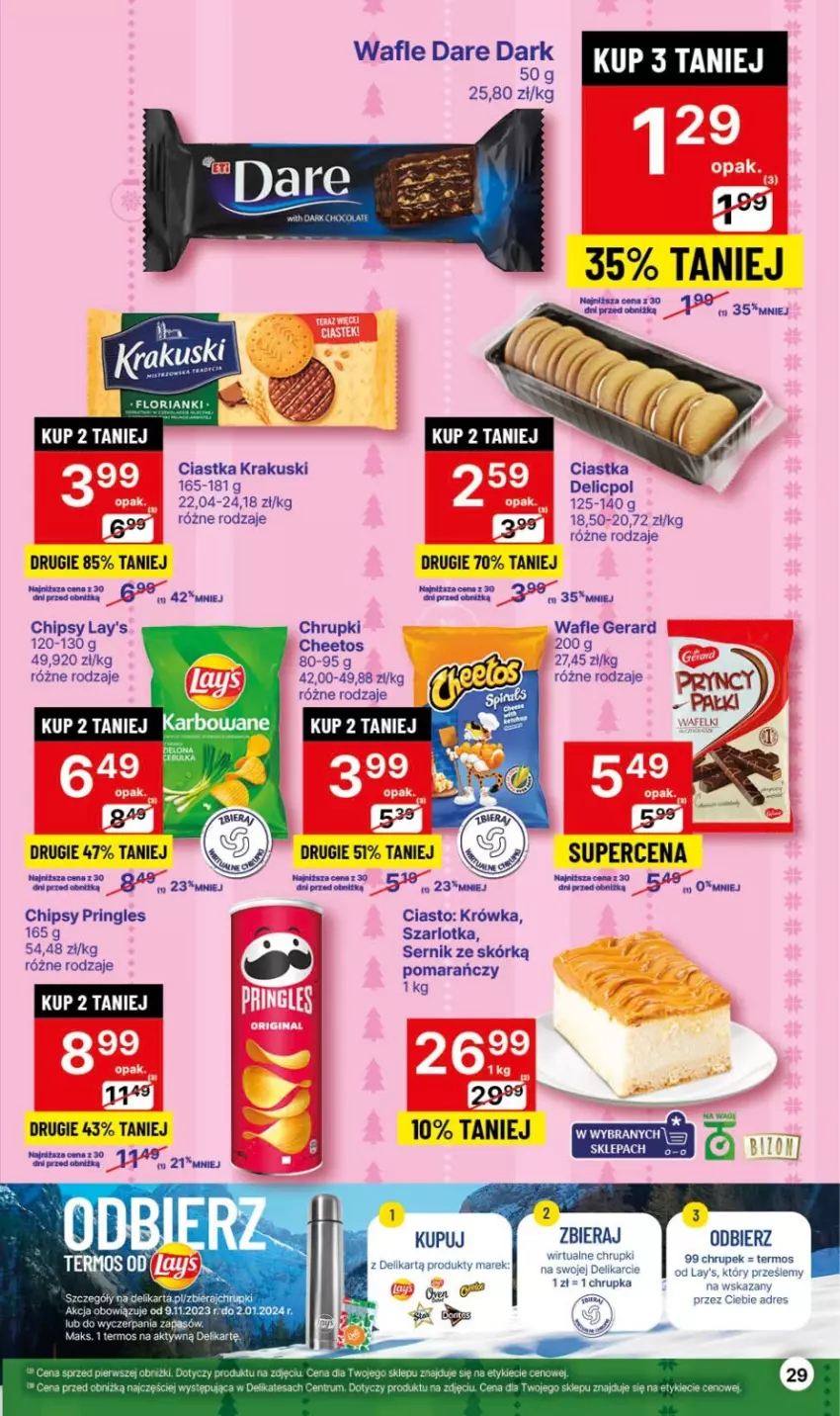 Gazetka promocyjna Delikatesy Centrum - Gazetka DC47 czw-sr - ważna 30.11 do 06.12.2023 - strona 29 - produkty: Cheetos, Chipsy, Chrupki, Ciastka, Dres, Krakus, Krakuski, Pringles, Rum, Ser, Szarlotka, Termos, Wafle