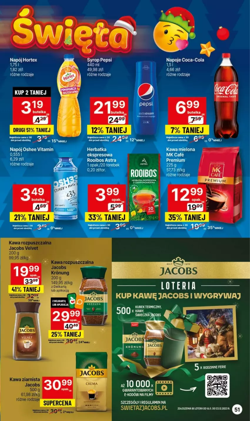 Gazetka promocyjna Delikatesy Centrum - Gazetka DC47 czw-sr - ważna 30.11 do 06.12.2023 - strona 51 - produkty: Coca-Cola, Gin, Gry, Hortex, Jacobs, Kawa, Kawa ziarnista, Napój, Napoje, Oshee, Pepsi, Syrop, Wino