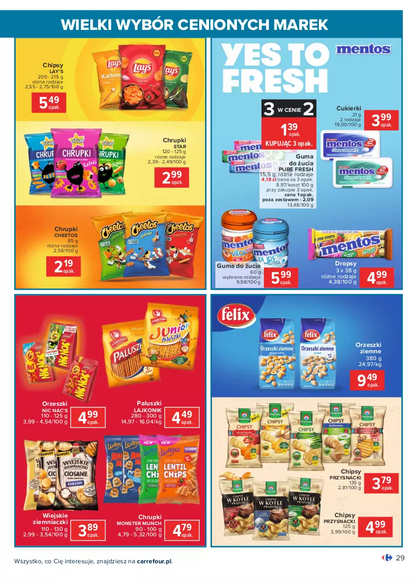 Gazetka promocyjna Carrefour - Gazetka Wielki wybór cenionych marek - ważna 03.05 do 15.05.2021 - strona 29 - produkty: Cheetos, Chipsy, Chrupki, Cukier, Cukierki, Guma do żucia, Kosz, Lajkonik, Lay’s, Monster Munch, Orzeszki, Orzeszki ziemne, Przysnacki, Pur