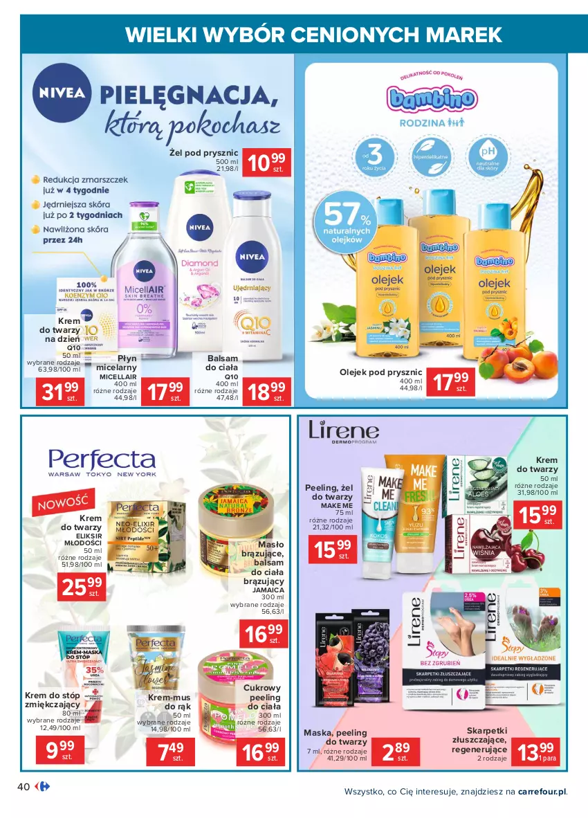 Gazetka promocyjna Carrefour - Gazetka Wielki wybór cenionych marek - ważna 03.05 do 15.05.2021 - strona 40 - produkty: Balsam do ciała, Cukrowy peeling, Karp, Krem do stóp, Krem do twarzy, Maska, Masło, Mus, Olej, Olejek pod prysznic, Peeling, Płyn micelarny, Skarpetki