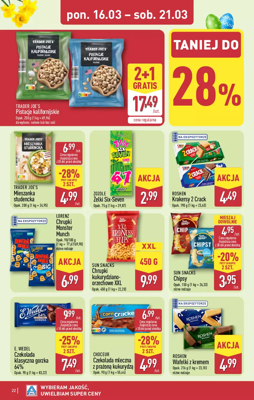 Gazetka promocyjna Aldi - Pełna oferta - ważna 16.03 do 21.03.2026 - strona 22 - produkty: Chipsy, Chrupki, Czekolada, Czekolada mleczna, E. Wedel, Gra, Krakersy, Lorenz, Mieszanka studencka, Monster Munch, Pistacje