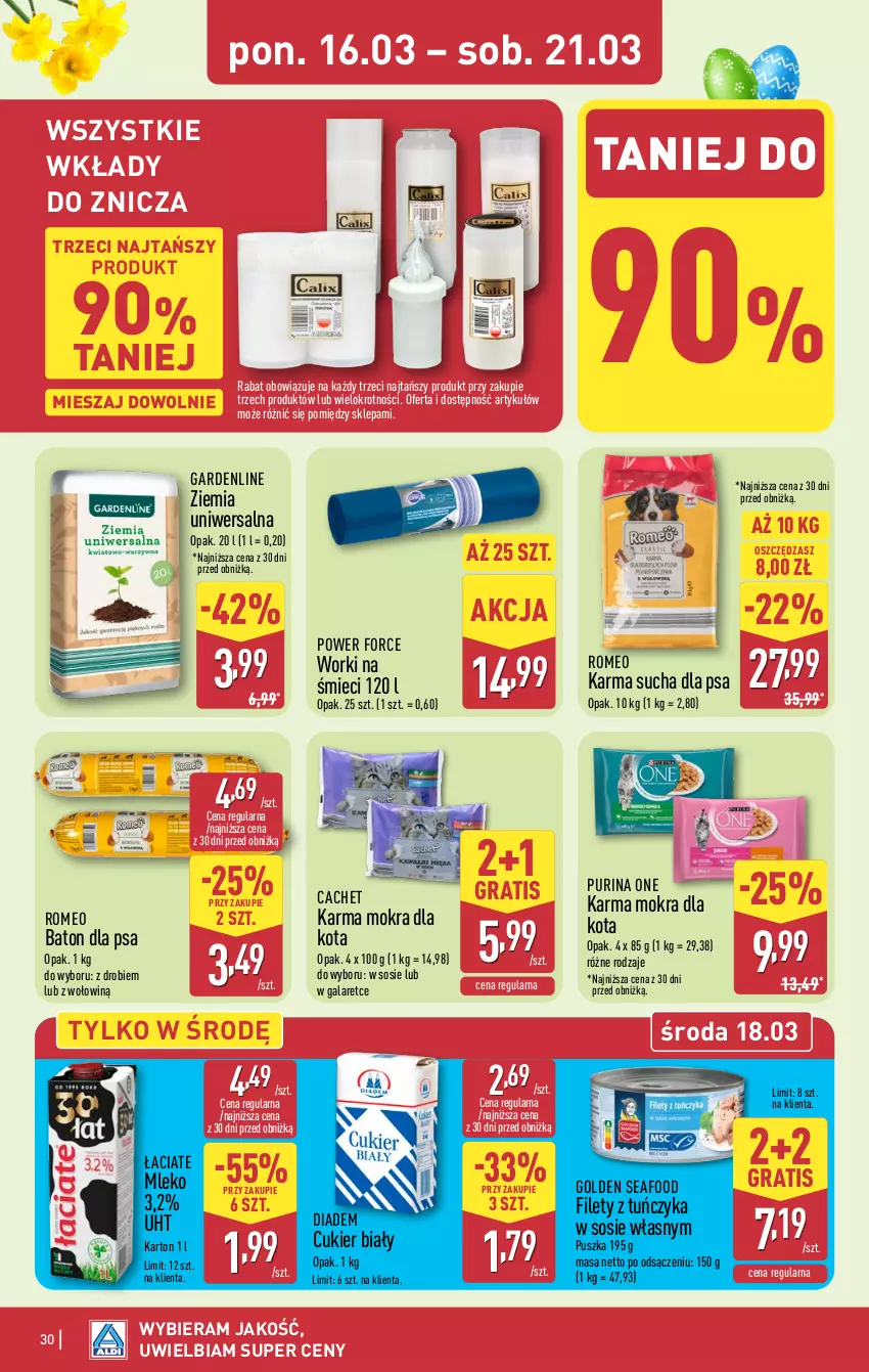 Gazetka promocyjna Aldi - Pełna oferta - ważna 16.03 do 21.03.2026 - strona 30 - produkty: Baton, Baton dla psa, Cukier, Gala, Golden Seafood, Gra, Mleko, Pur, Purina, Sos, Tuńczyk, Worki na śmiec, Worki na śmieci, Znicz