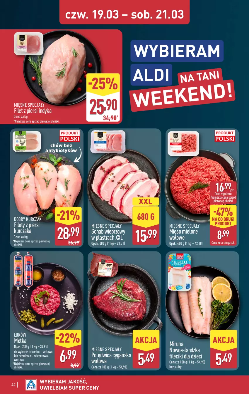 Gazetka promocyjna Aldi - Pełna oferta - ważna 16.03 do 21.03.2026 - strona 42 - produkty: Dzieci, Filet z piersi indyka, Kurczak, Mięsne specjały, Mięso, Mięso mielone, Miruna, Polędwica, Schab wieprzowy
