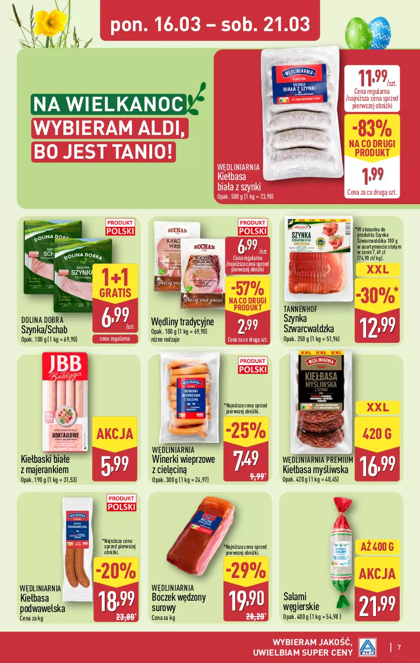 Gazetka promocyjna Aldi - Pełna oferta - ważna 16.03 do 21.03.2026 - strona 7 - produkty: Boczek, Gra, Kiełbasa, Kiełbasa biała, Kiełbasa podwawelska, Kiełbaski białe, Salami, Szynka, Wawel