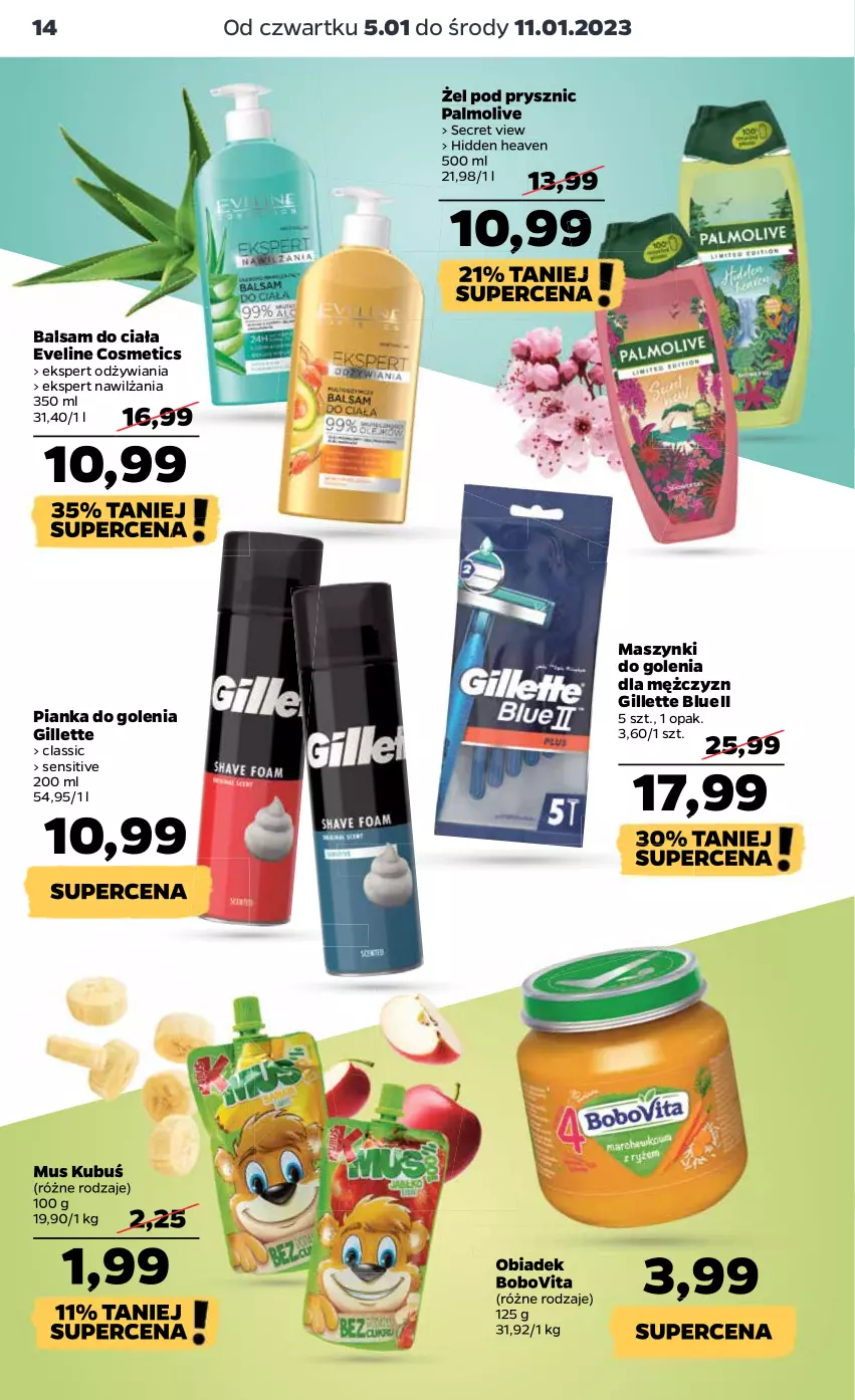 Gazetka promocyjna Netto - Artykuły spożywcze - ważna 05.01 do 11.01.2023 - strona 14 - produkty: Balsam do ciała, BoboVita, Eveline, Gillette, Kubuś, Mus, Palmolive, Pianka do golenia