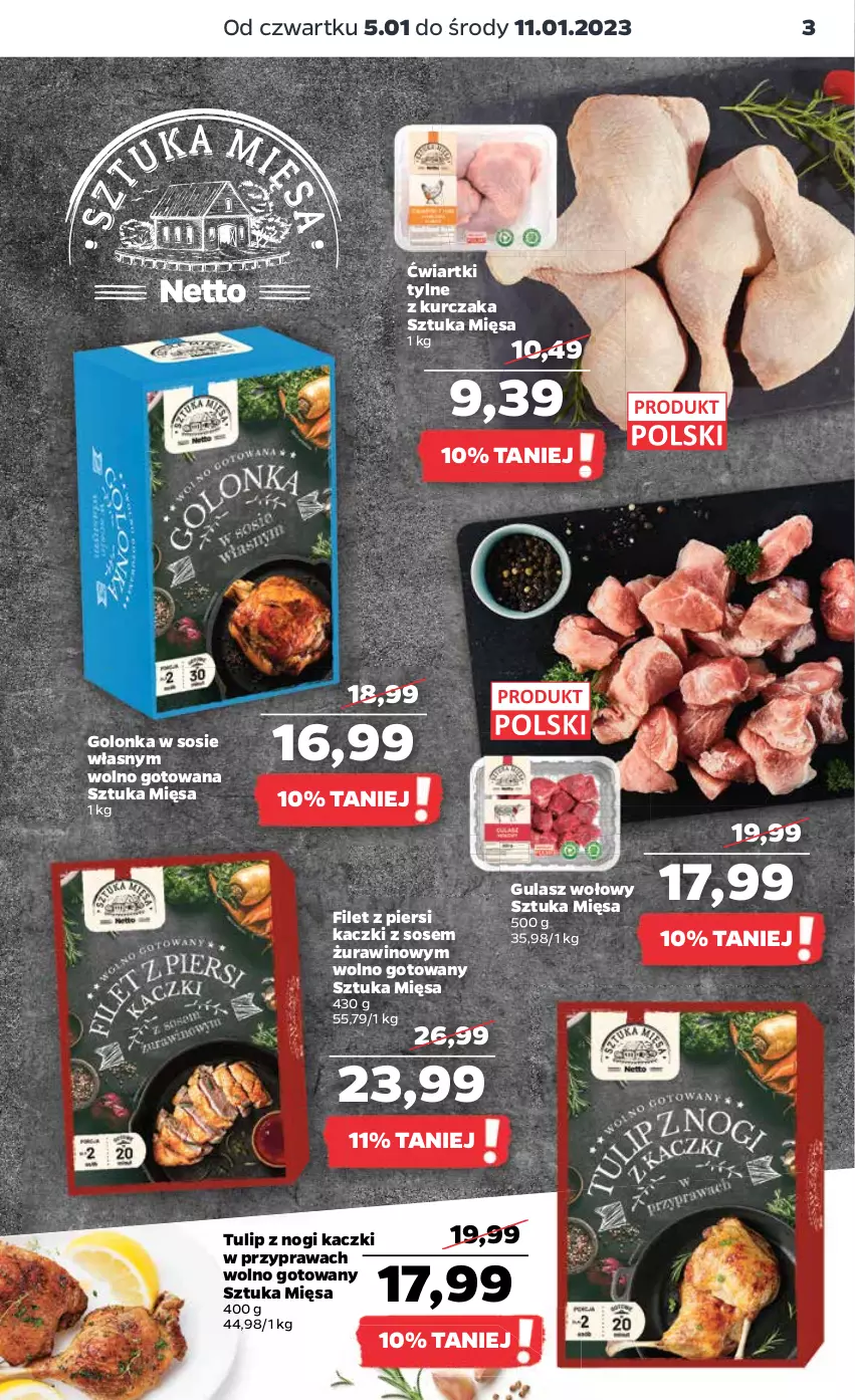 Gazetka promocyjna Netto - Artykuły spożywcze - ważna 05.01 do 11.01.2023 - strona 3 - produkty: Filet z piersi kaczki, Gulasz wołowy, Kurczak, Sos, Wino