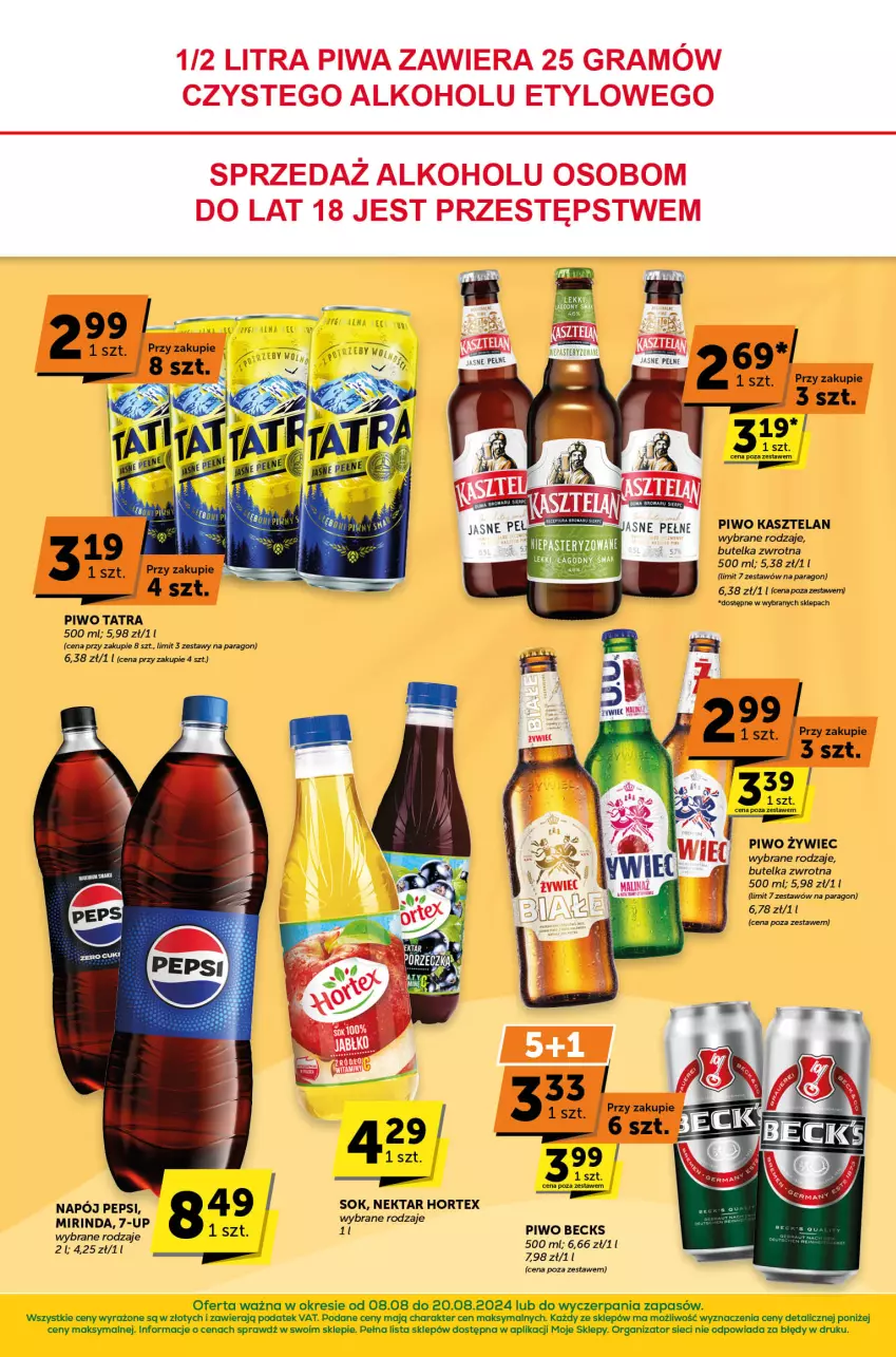 Gazetka promocyjna ABC - ważna 08.08 do 20.08.2024 - strona 4 - produkty: Hortex, Kasztelan, Mirinda, Napój, Nektar, Pepsi, Piwo, Sok, Tatra