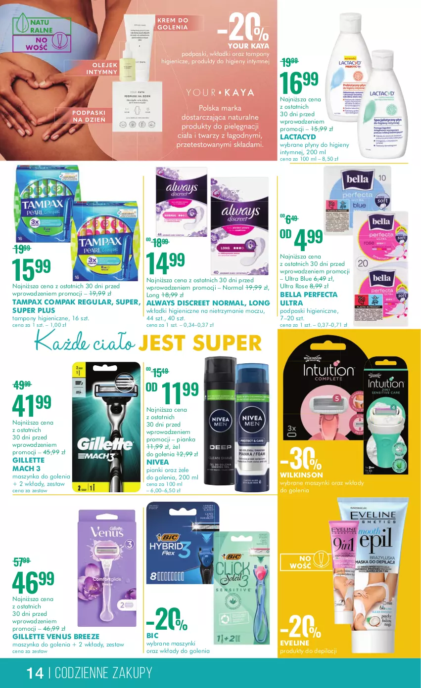 Gazetka promocyjna Super Pharm - Gazetka - ważna 13.07 do 26.07.2023 - strona 14 - produkty: Always, Bell, Bella, BIC, Discreet, Eveline, Gillette, Gillette Venus, Lactacyd, Maszynka, Maszynka do golenia, Nivea, Pax, Perfecta, Podpaski, Szynka, Tampax, Tampony, Venus, Wkładki