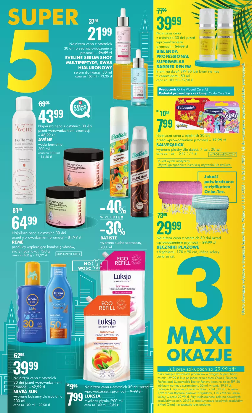 Gazetka promocyjna Super Pharm - Gazetka - ważna 13.07 do 26.07.2023 - strona 2 - produkty: Avène, Batiste, Bielenda, Dzieci, Eveline, Krem na dzień, Krem na noc, Luksja, Nivea, Olej, Ręcznik, Rum, Ser, Serum, Serum do twarzy, Suplement diety, Szampon, Woda