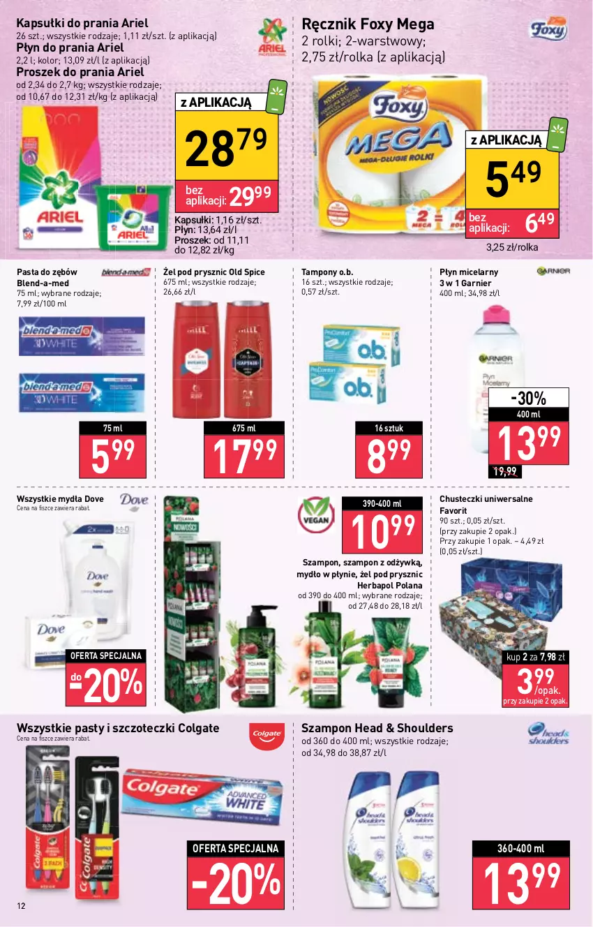 Gazetka promocyjna Stokrotka - Supermarket - ważna 15.09 do 21.09.2022 - strona 12 - produkty: Ariel, Blend-a-Med, Chusteczki, Colgate, Dove, Fa, Foxy, Garnier, Herbapol, Kapsułki do prania, LANA, LG, Mydło, Mydło w płynie, O.B., Old Spice, Pasta do zębów, Płyn do prania, Płyn micelarny, Proszek do prania, Ręcznik, Rolki, Szampon, Tampony