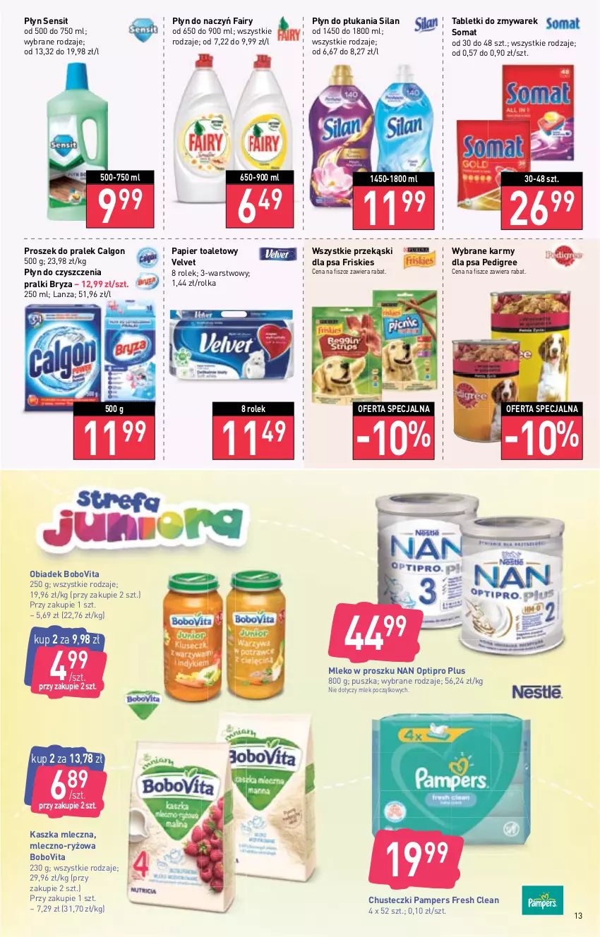 Gazetka promocyjna Stokrotka - Supermarket - ważna 15.09 do 21.09.2022 - strona 13 - produkty: BoboVita, Bryza, Calgon, Chusteczki, Fa, Fairy, Friskies, LG, Mleko, Mleko w proszku, NAN Optipro, Pampers, Papier, Papier toaletowy, Pedigree, Płyn do płukania, Pralki, Przekąski dla psa, Ryż, Silan, Somat, Tablet, Velvet