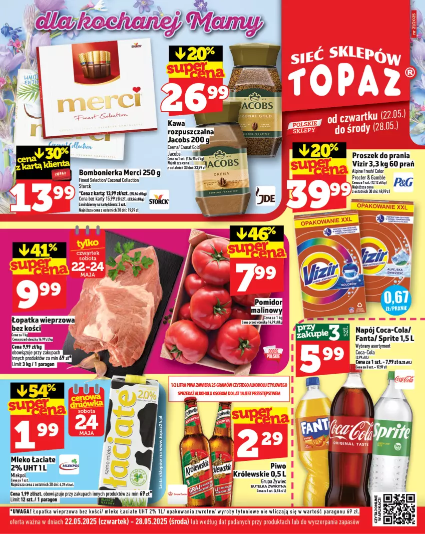 Gazetka promocyjna Topaz - Gazetka - ważna 22.05 do 28.05.2025 - strona 1 - produkty: Coca-Cola, Fa, Fanta, Jacobs, Merci, Mleko, Napój, Proszek do prania, Sprite, Top, Vizir, Waga