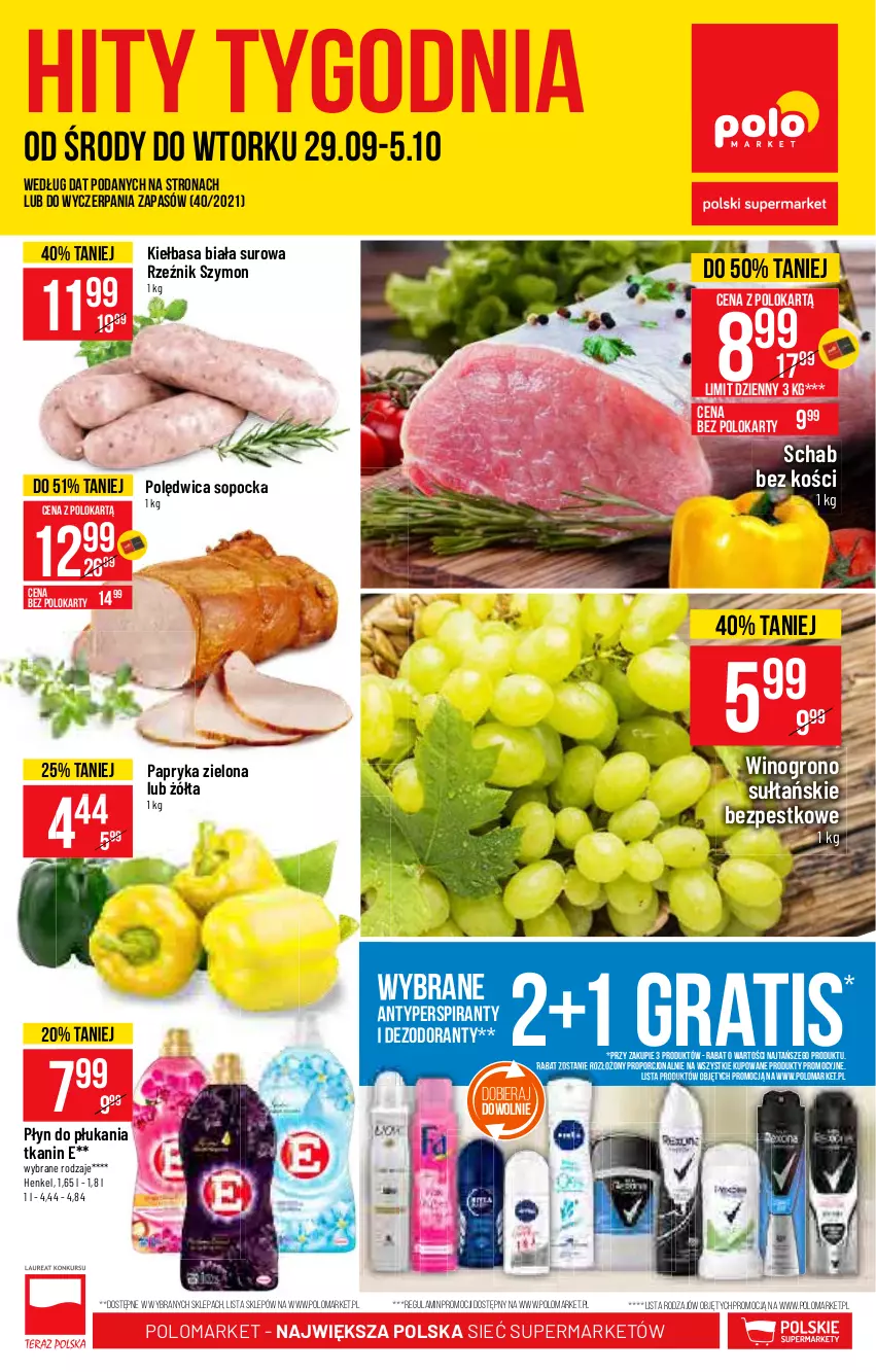 Gazetka promocyjna PoloMarket - Gazetka pomocyjna - ważna 29.09 do 05.10.2021 - strona 1 - produkty: Antyperspirant, Dezodorant, Gra, Kiełbasa, Kiełbasa biała, Papryka, Płyn do płukania, Polędwica, Schab bez kości, Wino