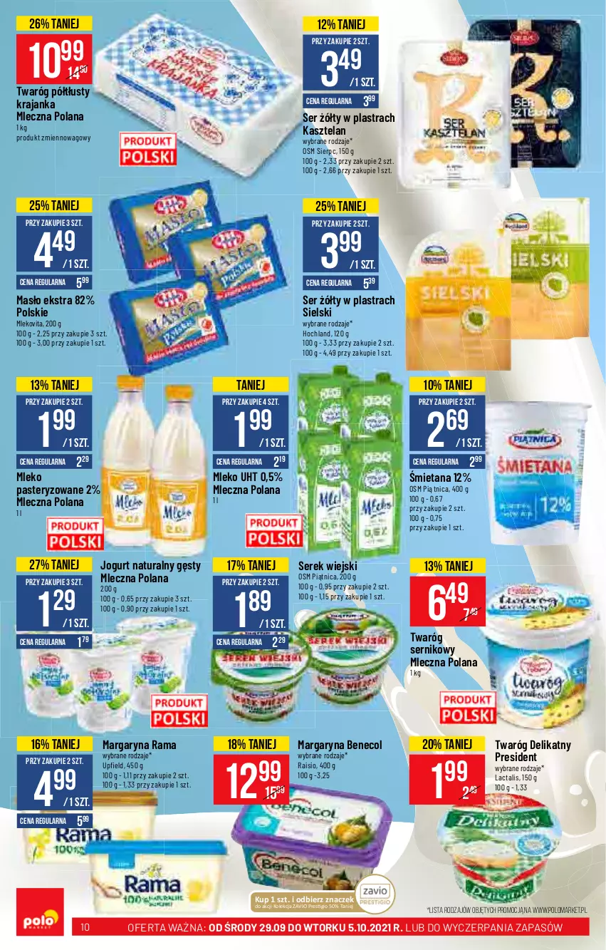 Gazetka promocyjna PoloMarket - Gazetka pomocyjna - ważna 29.09 do 05.10.2021 - strona 10 - produkty: Benecol, Hochland, Jogurt, Jogurt naturalny, Kasztelan, LANA, Margaryna, Masło, Mleko, Mlekovita, Piątnica, Rama, Ser, Serek, Serek wiejski, Twaróg, Twaróg delikatny, Twaróg półtłusty