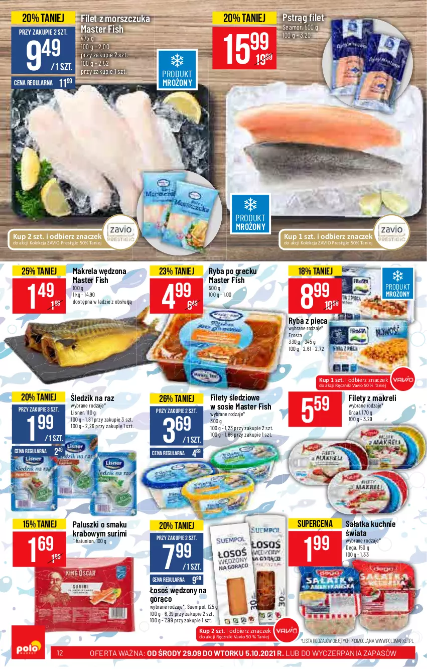 Gazetka promocyjna PoloMarket - Gazetka pomocyjna - ważna 29.09 do 05.10.2021 - strona 12 - produkty: Dega, Filet z morszczuka, Frosta, Gra, Graal, Lisner, Piec, Pstrąg, Ręcznik, Ryba, Ryba po grecku, Sałat, Sałatka, Sos, Suempol, Surimi