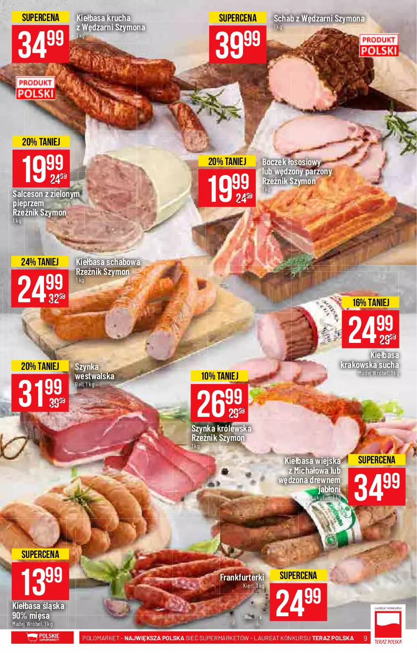 Gazetka promocyjna PoloMarket - Gazetka pomocyjna - ważna 29.09 do 05.10.2021 - strona 9 - produkty: Bell, Boczek, Frankfurterki, Kiełbasa, Kiełbasa krakowska, Kiełbasa krucha, Kiełbasa schabowa, Kiełbasa śląska, Kiełbasa wiejska, Laur, Madej Wróbel, Pieprz, Salceson, Sos, Szynka, Szynka Królewska, Tera