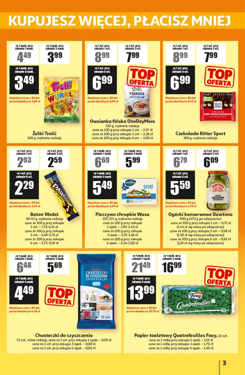Gazetka promocyjna Auchan - Gazetka ATAC Hiper Discount - ważna 05.03 do 25.03.2026 - strona 3 - produkty: Baton, Chrupki, Chusteczki, Chusteczki do czyszczenia, Czekolada, Dawtona, Foxy, Ogórki konserwowe, Owsianka, Papier, Papier toaletowy, Piec, Pieczywo, Pieczywo chrupkie, Por, Ritter Sport, Ser, Sport, Wasa