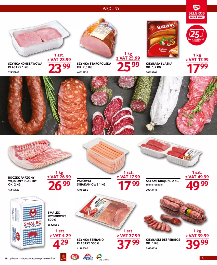 Gazetka promocyjna Selgros - Oferta gastronomiczna - ważna 25.08 do 07.09.2022 - strona 5 - produkty: Boczek, Danio, Kiełbasa, Kiełbasa śląska, Parówki, Salami, Ser, Smalec, Szynka, Szynka konserwowa