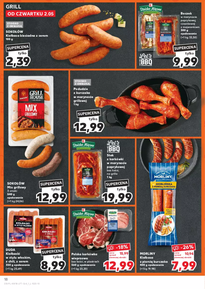 Gazetka promocyjna Kaufland - Gazetka tygodnia - ważna 02.05 do 08.05.2024 - strona 18 - produkty: Boczek, Duda, Grill, Karkówka wieprzowa, Kiełbasa, Kiełbasa biesiadna, Kurczak, Morliny, Podudzie z kurczaka, Ser, Sok, Sokołów, Stek