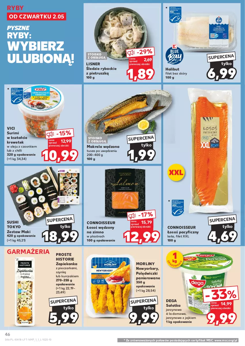 Gazetka promocyjna Kaufland - Gazetka tygodnia - ważna 02.05 do 08.05.2024 - strona 46 - produkty: Dega, Halibut, Kurczak, Lisner, Morliny, Olej, Piec, Pieczarka, Polędwiczki panierowane, Ryba, Sałat, Sałatka, Surimi, Sushi, Tusz, Zapiekanka