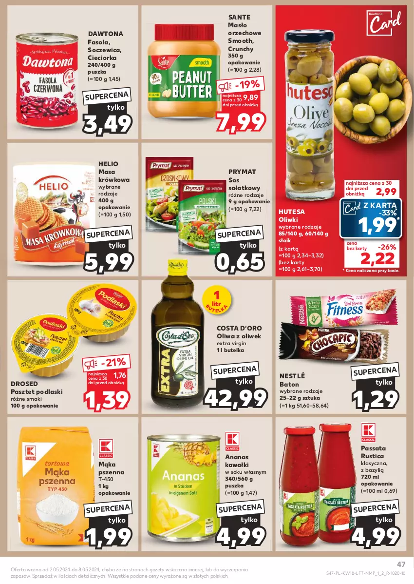 Gazetka promocyjna Kaufland - Gazetka tygodnia - ważna 02.05 do 08.05.2024 - strona 47 - produkty: Ananas, Baton, Bazyl, Cieciorka, Dawtona, Fa, Fasola, Gin, Helio, Kawa, Mąka, Mąka pszenna, Masa krówkowa, Masło, Masło orzechowe, Nestlé, Oliwa z oliwek, Oliwki, Orka, Pasztet, Podlaski, Prymat, Rust, Sałat, Sante, Sok, Sos