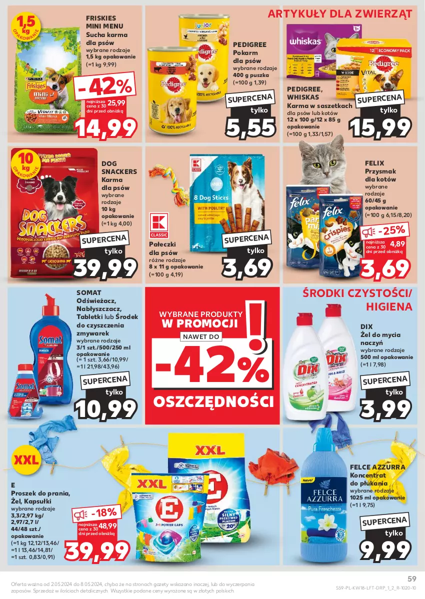 Gazetka promocyjna Kaufland - Gazetka tygodnia - ważna 02.05 do 08.05.2024 - strona 59 - produkty: Do mycia naczyń, Felix, Friskies, Pedigree, Proszek do prania, Somat, Sucha karma, Tablet, Whiskas