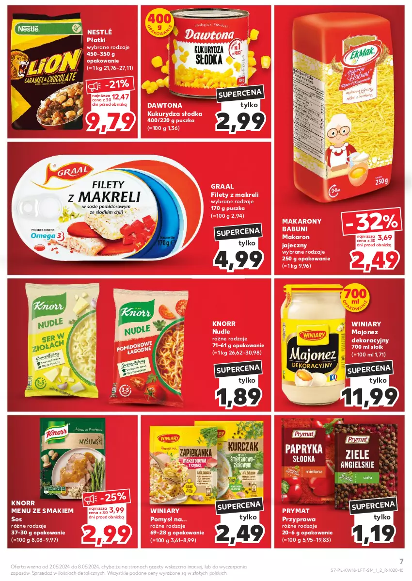 Gazetka promocyjna Kaufland - Gazetka tygodnia - ważna 02.05 do 08.05.2024 - strona 7 - produkty: Babuni, Dawtona, Gra, Graal, Knorr, Kukurydza, Majonez, Makaron, Nestlé, Prymat, Sos, Winiary