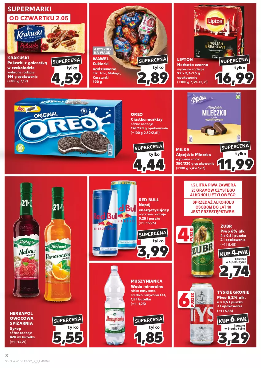 Gazetka promocyjna Kaufland - Gazetka tygodnia - ważna 02.05 do 08.05.2024 - strona 8 - produkty: Ciastka, Cukier, Cukierki, Cukierki nadziewane, Gala, Gra, Herbapol, Herbata, Herbata czarna, Krakus, Krakuski, Lipton, Milka, Mleczko, Mus, Muszynianka, Napój, O nas, Oreo, Piwa, Piwo, Red Bull, Syrop, Tyskie, Wawel, Woda, Woda mineralna