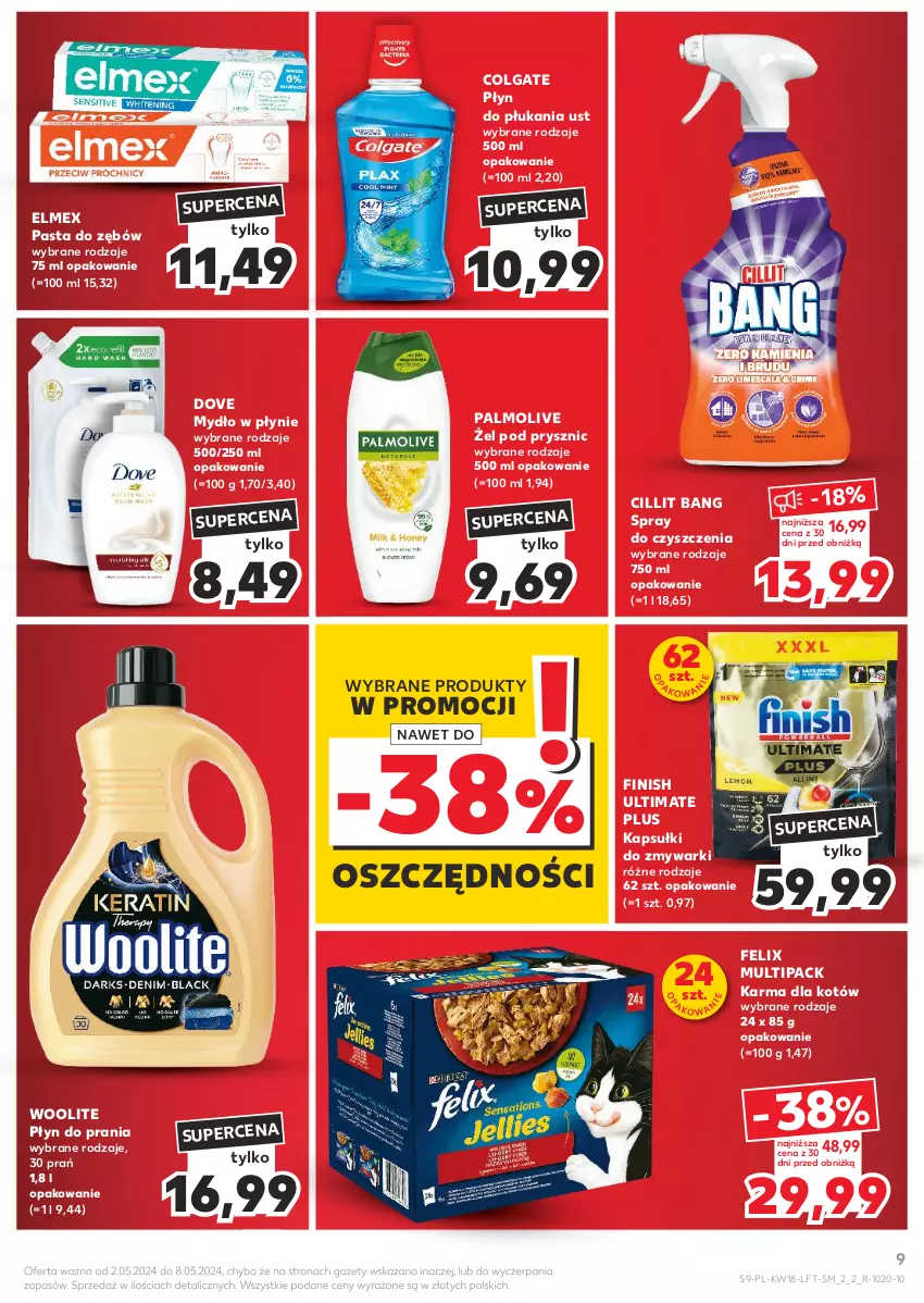 Gazetka promocyjna Kaufland - Gazetka tygodnia - ważna 02.05 do 08.05.2024 - strona 9 - produkty: Cillit Bang, Colgate, Dove, Elmex, Felix, Finish, LG, Mydło, Mydło w płynie, Palmolive, Pasta do zębów, Płyn do płukania, Płyn do prania, Spray do czyszczenia, Woolite, Zmywarki