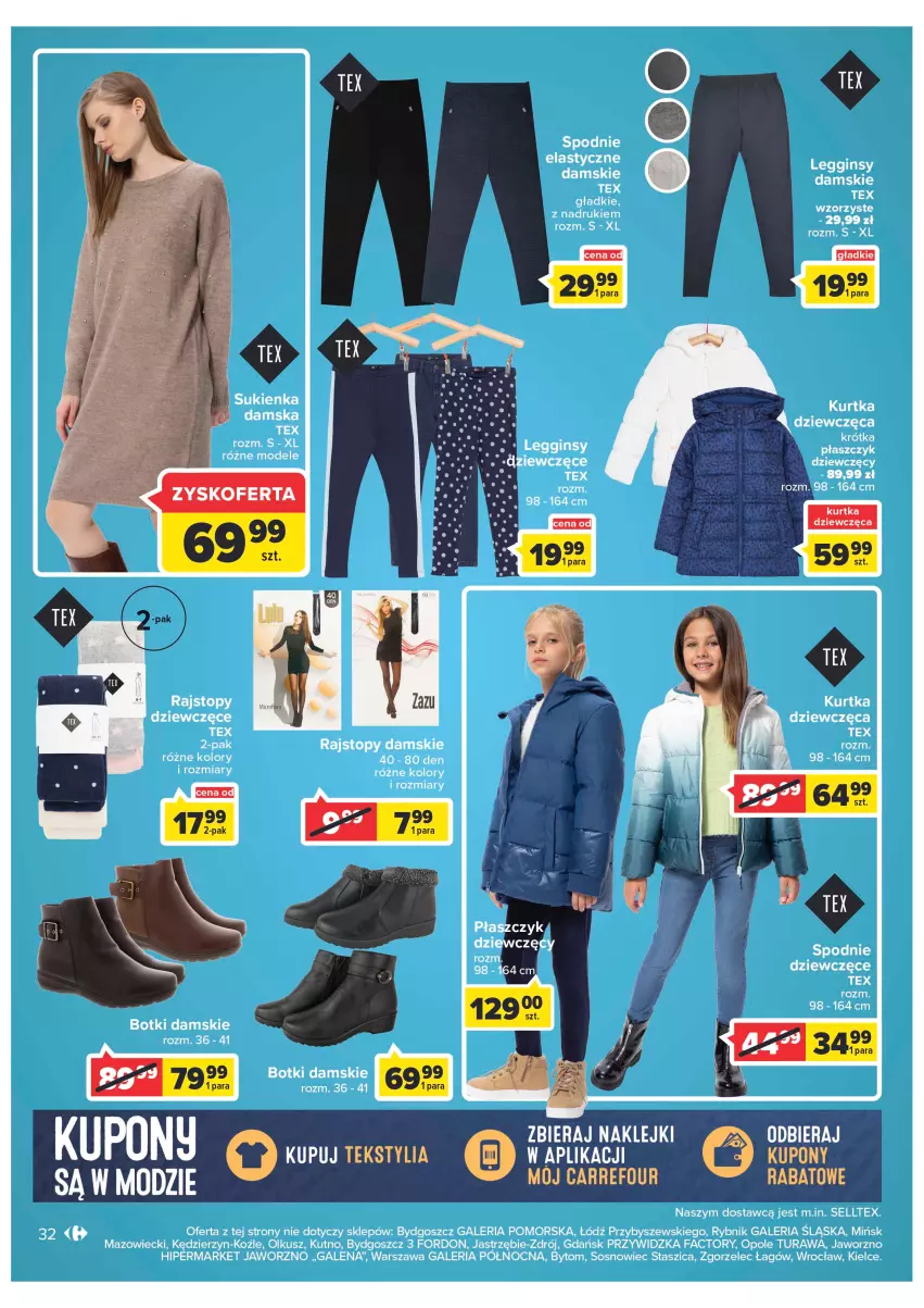 Gazetka promocyjna Carrefour - Gazetka Carrefour - ważna 22.11 do 03.12.2022 - strona 34 - produkty: Botki, Fa, Gin, Klej, Kurtka, Legginsy, Płaszcz, Rajstopy, Sos, Spodnie, Top