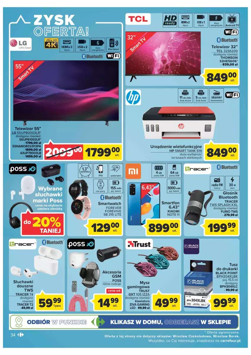 Gazetka promocyjna Carrefour - Gazetka Carrefour - ważna 22.11 do 03.12.2022 - strona 36 - produkty: Acer, Android TV, Drukarki, Głośnik, Głośnik bluetooth, HP, Klawiatura, Lack, LG, Mysz, Rust, Skaner, Słuchawki, Smartfon, Smartwatch, Telewizor, Thomson, Tusz, Urządzenie wielofunkcyjne