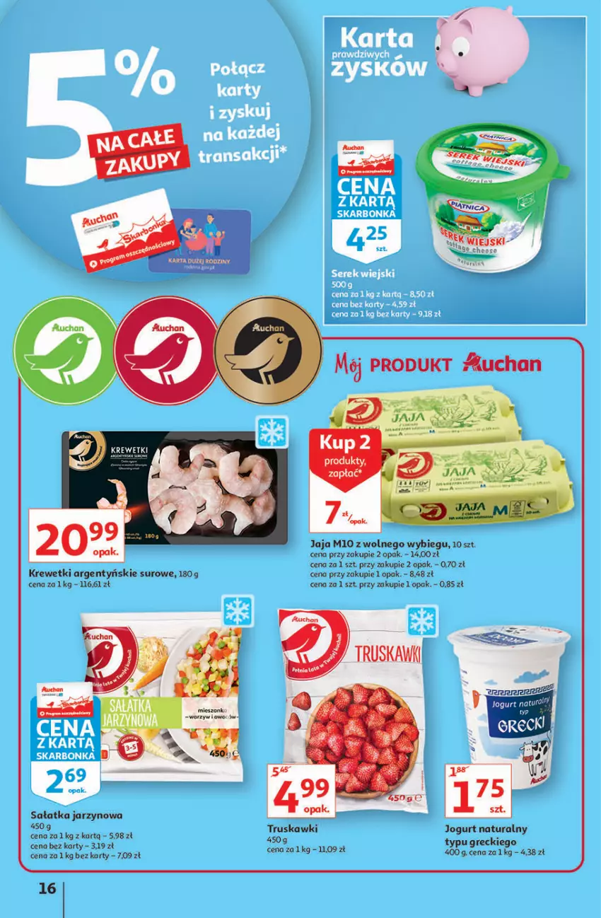 Gazetka promocyjna Auchan - Hiperoszczędzanie z markami Auchan Hipermarkety - ważna 30.09 do 06.10.2021 - strona 16 - produkty: Jaja, Jogurt, Jogurt naturalny, Krewetki, Sałat, Sałatka, Truskawki