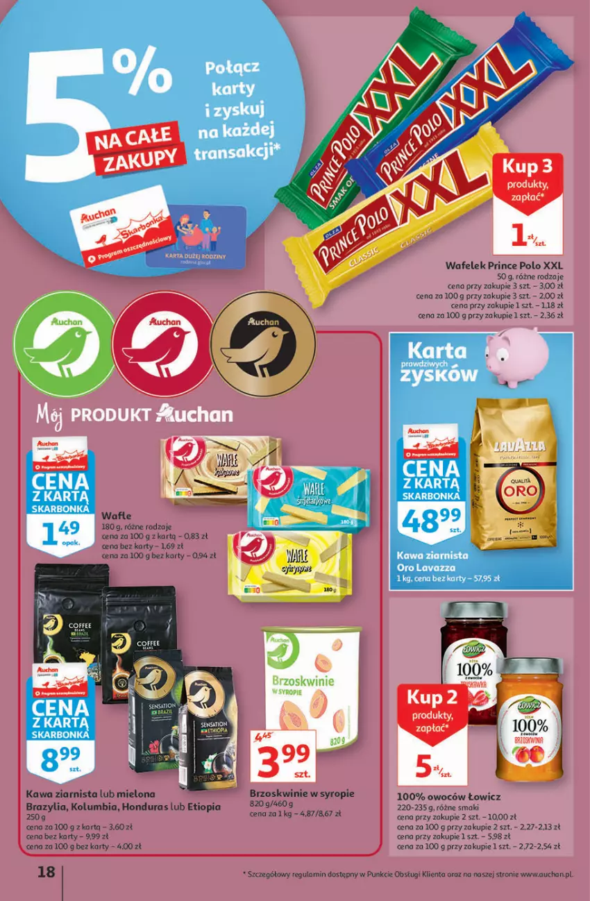 Gazetka promocyjna Auchan - Hiperoszczędzanie z markami Auchan Hipermarkety - ważna 30.09 do 06.10.2021 - strona 18 - produkty: Brzoskwinie, Kawa, Kawa ziarnista, Lavazza, Prince Polo, Syrop, Wafelek, Wafle